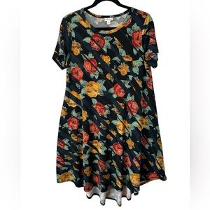 LuLaRoe Black Red Mustard Floral Mini Dress Hi Low Hem Small Swing Casual